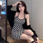 Halter Checkerboard Mini Bodycon Dress / Cardigan