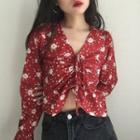 Floral Print Drawstring Long-sleeve Cropped Blouse
