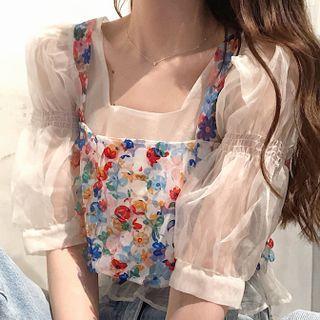 Short-sleeve Sheer Mesh Blouse / Floral Sequined Tank Top