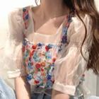 Short-sleeve Sheer Mesh Blouse / Floral Sequined Tank Top