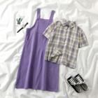 Plaid Short-sleeve Shirt / Midi A-line Pinafore Dress