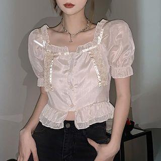 Short-sleeve Chiffon Blouse Beige - One Size
