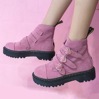 Faux Suede Heart Buckled Short Boots