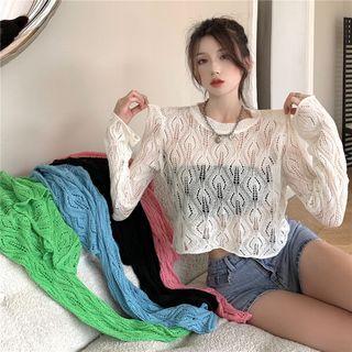 Round-neck Long Sleeve See-through Pointelle Crop Top