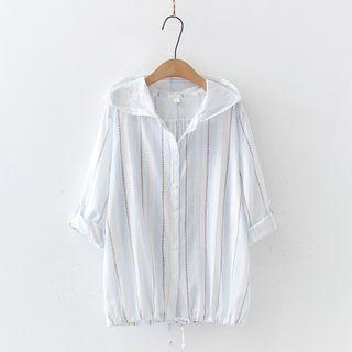 Striped Button-up Hooded Jacket White - One Size