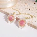 Flower Faux Cat Eye Stone Faux Pearl Alloy Dangle Earring 1 Pair - E5281 - Pink - One Size