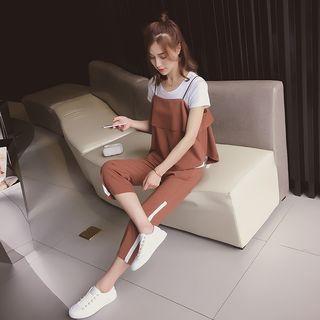 Set: Plain Short Sleeve T-shirt + Camisole Top + Contrast Trim Cropped Pants