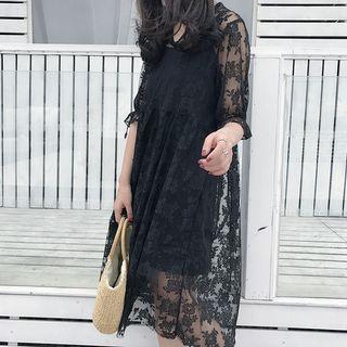 Set: Elbow-sleeve Midi Lace Dress + Strappy Dress
