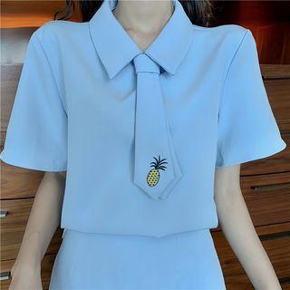 Set: Short-sleeve Collared Top + Pleated Skirt