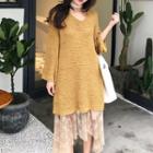 Plain V-neck Long Sweater / Lace Midi Skirt