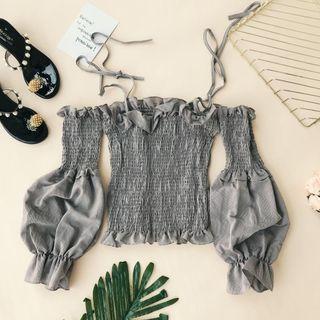 Long-sleeve Cold-shoulder Smocked Top