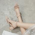 Dotted Mesh Ankle Strap Block Heel Sandals