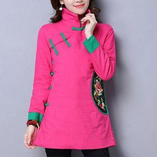 Flower Embroidered Color Panel Cheongsam Top