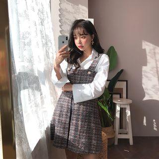 Faux-pearl Pleated Tweed Pinafore Dress