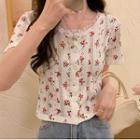 Short-sleeve Lacetrim Floral Print Cropped Top