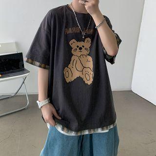 Mock Two-piece Short-sleeve Bear Print T-shirt