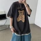Mock Two-piece Short-sleeve Bear Print T-shirt