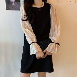 Long-sleeve Paneled Mini A-line Dress Black - One Size