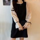 Long-sleeve Paneled Mini A-line Dress Black - One Size