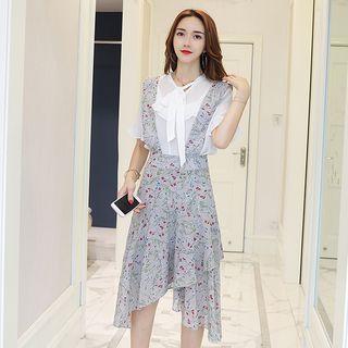 Set: Short-sleeve Frilled Chiffon Top + Floral Jumper Dress