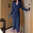 Long-sleeve V-neck Plain Tie-waist Dress