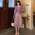 Crisscross Sweater / High-waist Floral Pinafore Dress