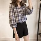 3/4-sleeve Plaid Buttoned Top