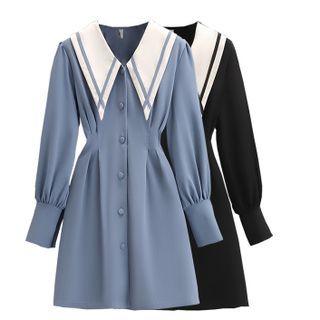 Long-sleeve Wide-collar Button-up A-line Dress