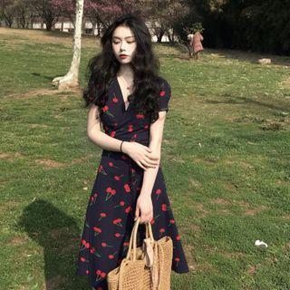 Short-sleeve Cherry Print Chiffon A-line Midi Dress