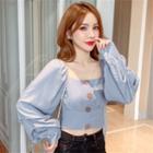 Lantern-sleeve Square Neck Cropped Top