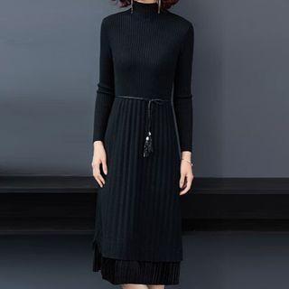 Mock Turtleneck Long-sleeve Midi Knit Pleated Dress
