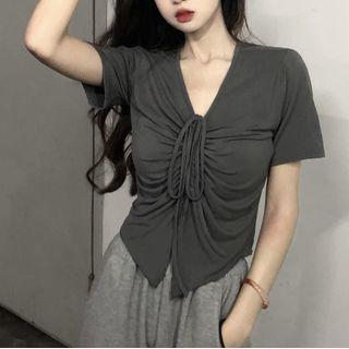 Short-sleeve V-neck Drawstring T-shirt Gray - One Size