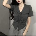 Short-sleeve V-neck Drawstring T-shirt Gray - One Size