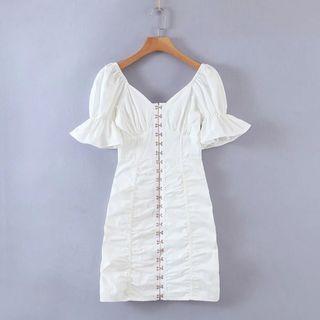 Puff-sleeve Hook-and-eye Mini Dress