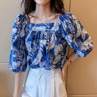 Square-neck Leaf Print Blouse