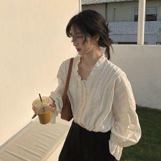 Long-sleeve V-neck Ruffled Blouse Almond - One Size