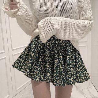 Long-sleeve Open-knit Top/ Floral Print Mini A-line Skort