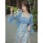 Set: Spaghetti Strap Shirred Floral Print Midi Dress + Shrug