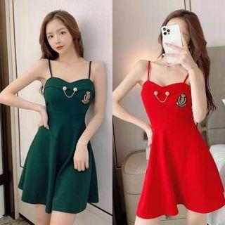 Spaghetti Strap Logo Embroidered Chained Mini A-line Dress
