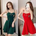 Spaghetti Strap Logo Embroidered Chained Mini A-line Dress