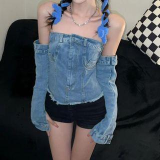 Set: Strapless Distressed Denim Camisole Top + Arm Sleeves