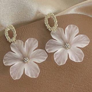 Resin Flower Dangle Earring 1 Pair - Silver Steel Earring - Gold & White - One Size
