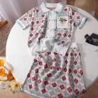 Set: Short-sleeve Floral Knit Top + Pencil Skirt White - One Size