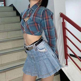 Set: Plaid Cropped Frayed Long-sleeve Button-up Shirt + Plaid Cropped Camisole