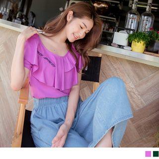 Letter Embroidered Ruffled Short-sleeve Top