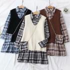 Set: Long-sleeve Plaid Mini Shirtdress + Sweater Vest