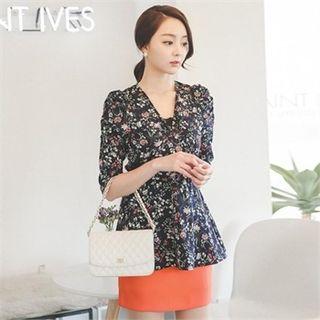 Shirred-sleeve Floral Print A-line Top
