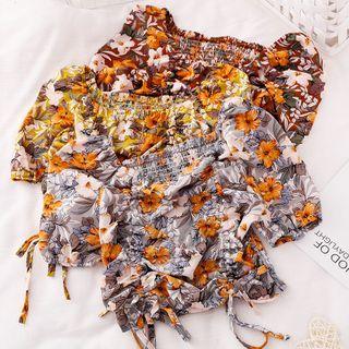 Drawstring Hem Floral Print Cropped Top