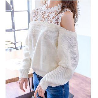 Mesh Panel Open Shoulder Long-sleeve Knit Sweater