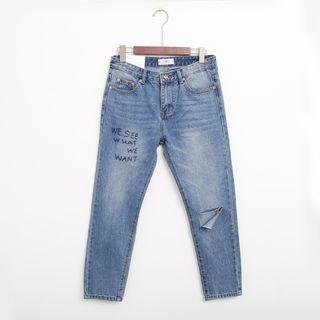 Embroidery Slim-fit Washed Jeans